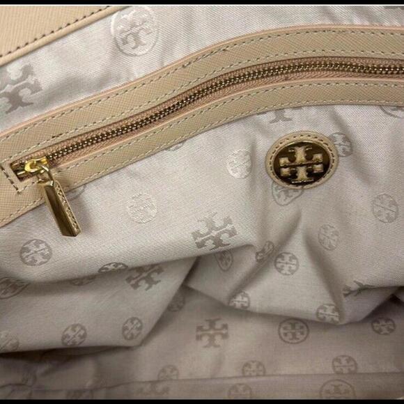 Tory Burch Robinson Tote Saffiano Leather Two Tone Beige Ivory Purse Crossbody - Picture 14 of 16
